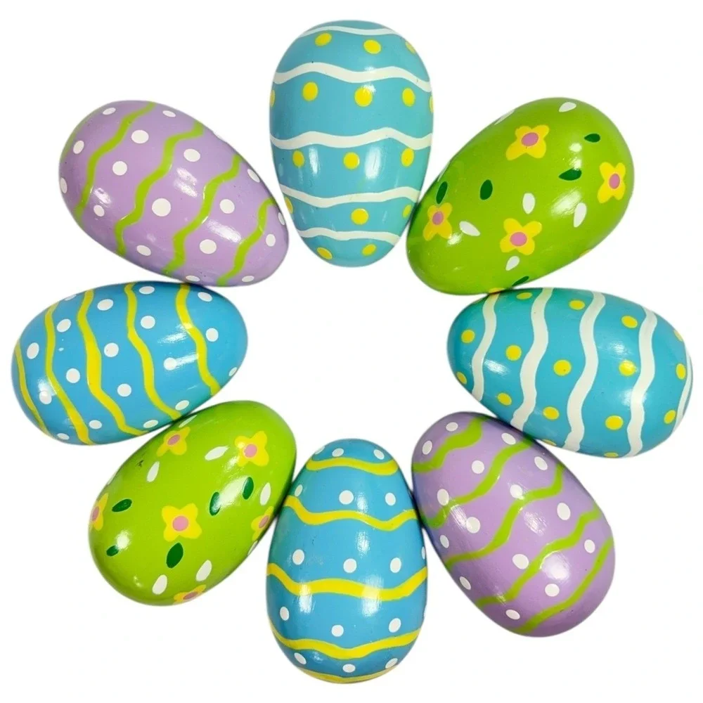Set of 8 Wooden‎ Easter Eggs Stripes Dots Flowers